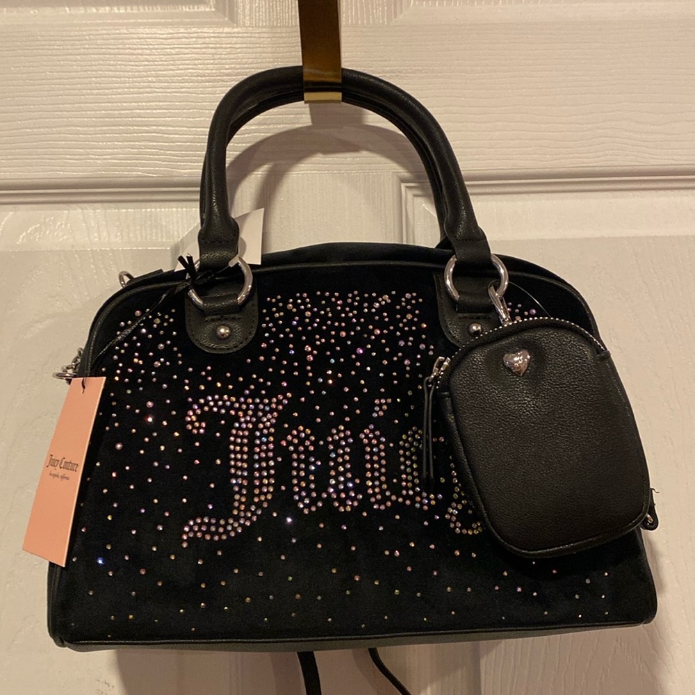 NEW! JUICY COUTURE Let it Shine Rhinestones Velour Black Satchel Crossbody Bag
